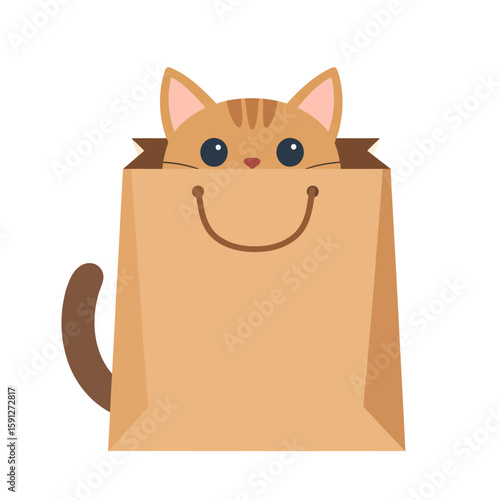 Cute ginger tabby cat peeking out of a brown paper shopping bag with a smile.