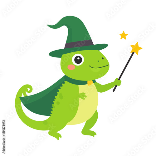 Cute green chameleon wizard in a hat and cape holding a magic wand.