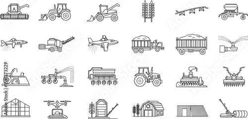Vector art of a comprehensive set of agriculture and farming equipment icons represents various tools and machinery used in modern agricultural practices, isolated on white background