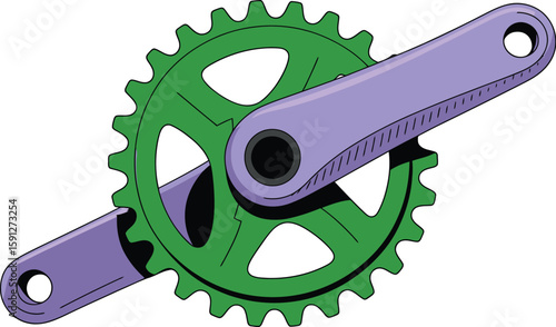 A close up of a green bicycle chainring with a purple crank arm on a white background illustration