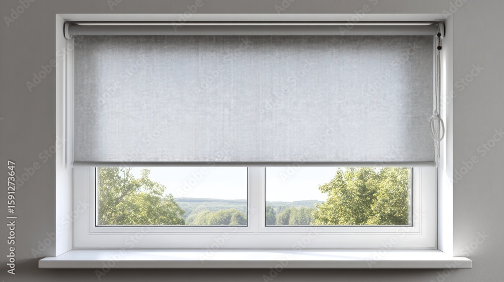Obraz premium Light grey roller blind installed on a window, offering light filtering and privacy