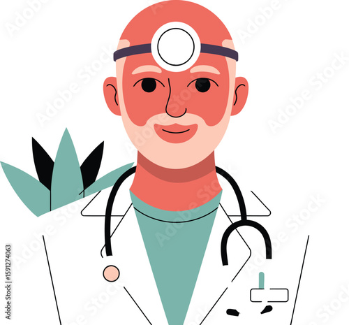 Illustration of a doctor with a head mirror and stethoscope wearing a white coat against a gray background