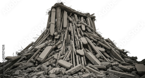 A large pile of broken concrete debris and rebar from a demolished structure transparent background
