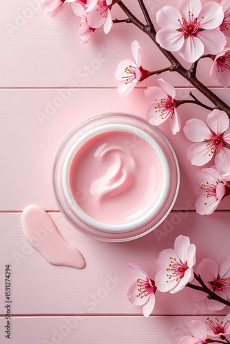 Pink Cream with Cherry Blossoms on Soft Pink Background for Beauty and Skincare