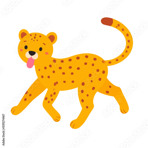 Adorable walking cheetah character with brown spots and a happy, panting expression.