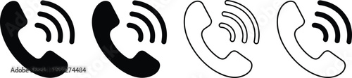 Phone Icons with Signal Waves in Black and Outline on Transparent Background