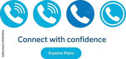 Phone Receiver Icon Set, White Call Symbol in Blue Circle, Contact Us Concept