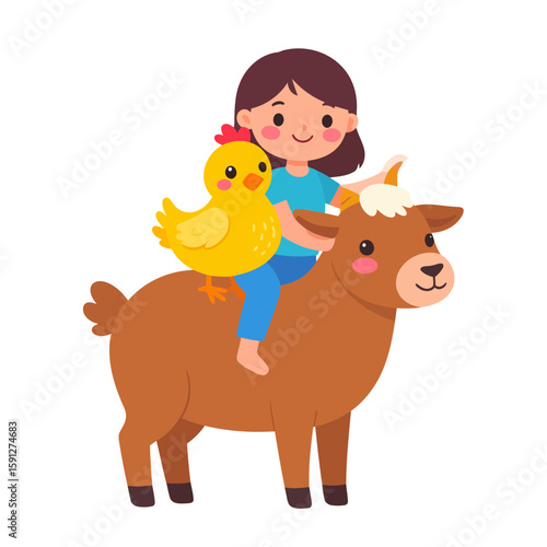 A happy cartoon girl with a small yellow chick riding on the back of a friendly brown goat. Cute kawaii style illustration of farm friends.