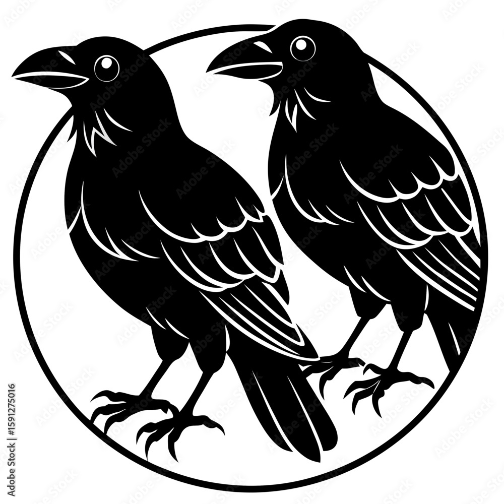 Fototapeta premium Two crows perched together inside a circular frame silhouette