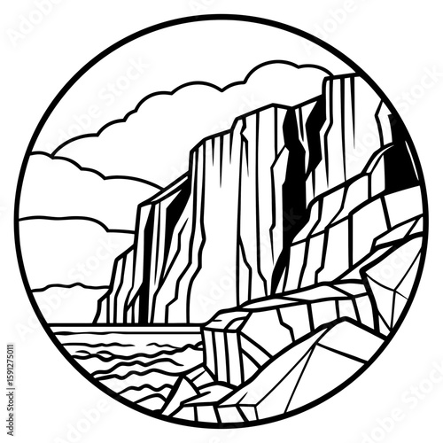 Circular mountain landscape with rocky cliffs and water silhouette