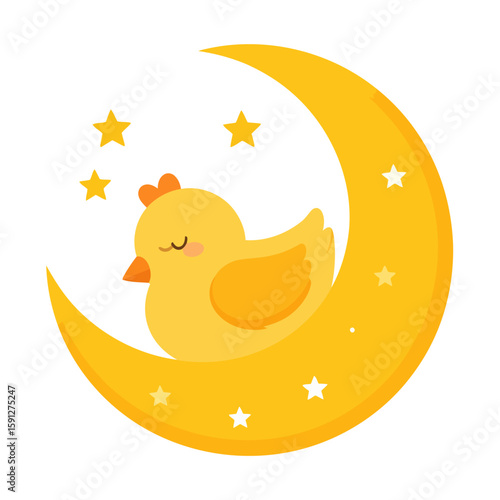 Cute yellow cartoon chick sleeping peacefully on a golden crescent moon among stars.