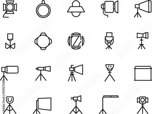 Photography Studio Lighting Equipment Outlines in Minimalist Style On Transparent