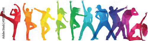 A vibrant group of stylized dancers showcases energy and movement in a spectrum of rainbow colors on a white background.
