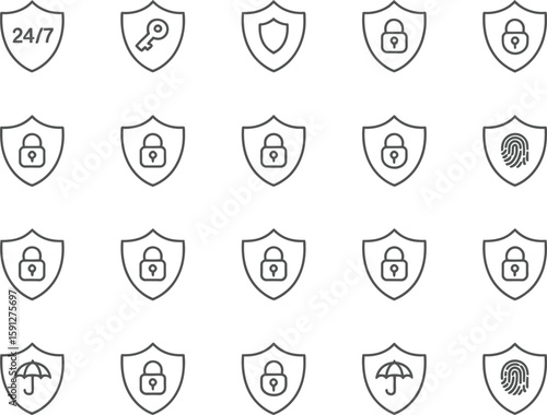 Protection Symbols Set on Shields, Line Art with Key, Lock, Fingerprint and Umbrella