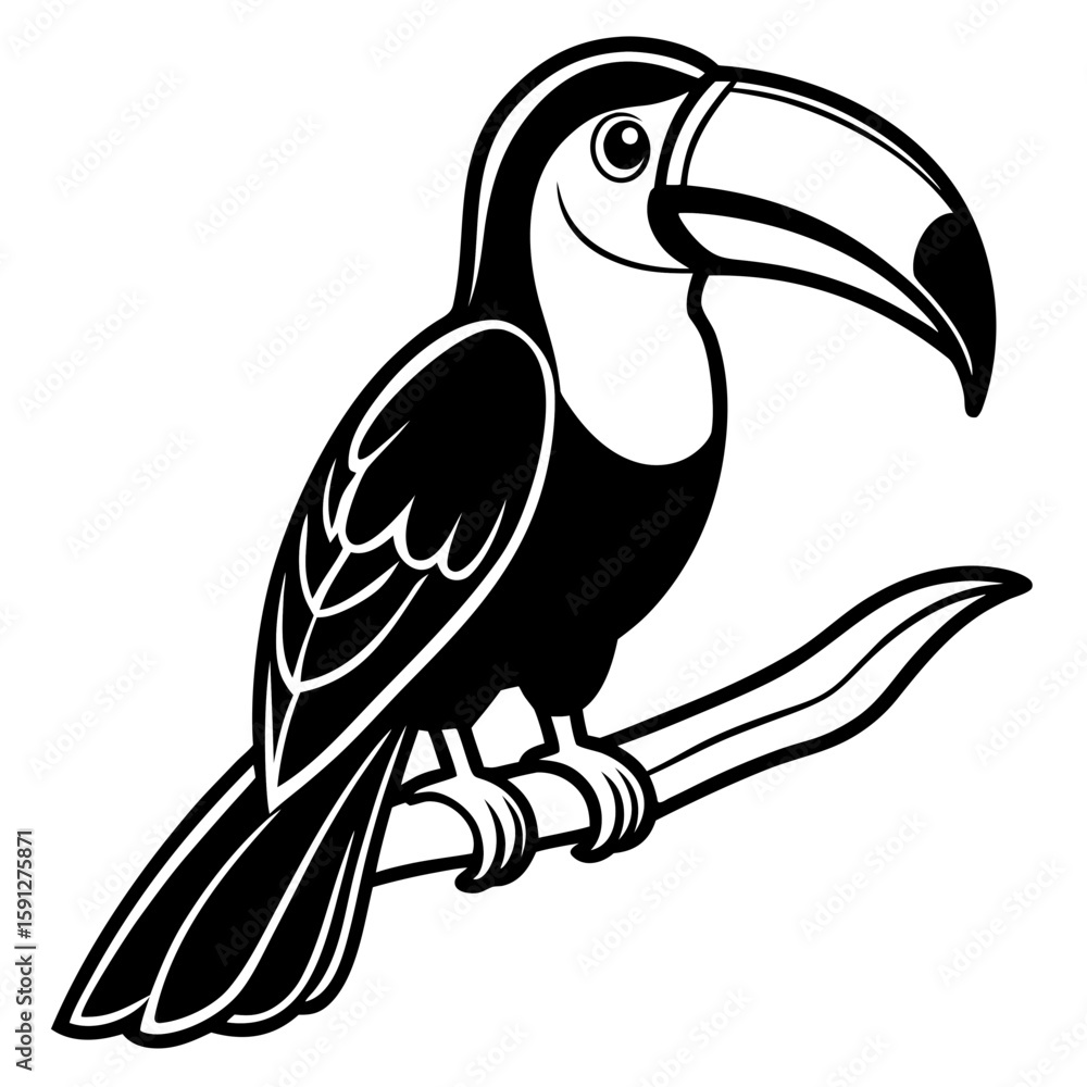 Obraz premium Stylized toucan perched on a branch with bold black and white silhouette