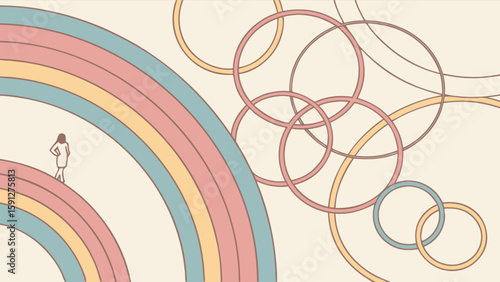 Pastel rainbow with woman and circles illustration for dreamy background and whimsical art design project use