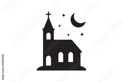 Midnight Mass church silhouette vector art illustration on white background
