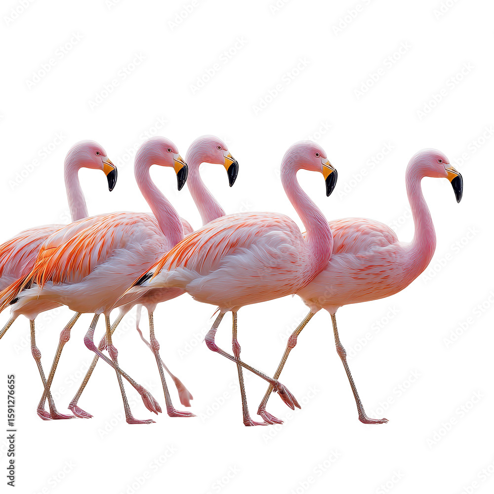 Obraz premium Five flamingos walking in a straight line at a wetland during sunny weather