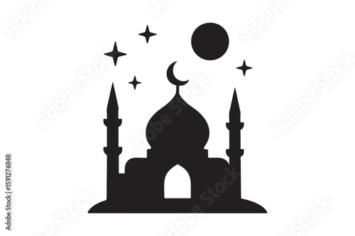 mosque at midnight silhouette vector art illustration on white background