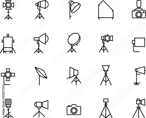 Set of Outline Studio Equipments on Transparent Background, Lighting and Camera