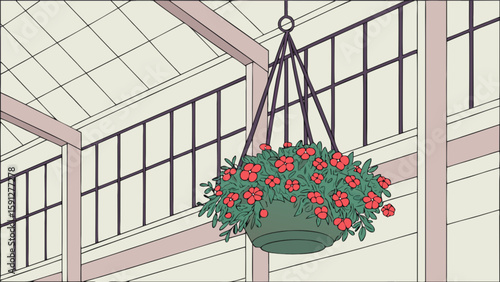 Hanging flower basket with red flowers and green leaves in a bright indoor greenhouse setting scene view