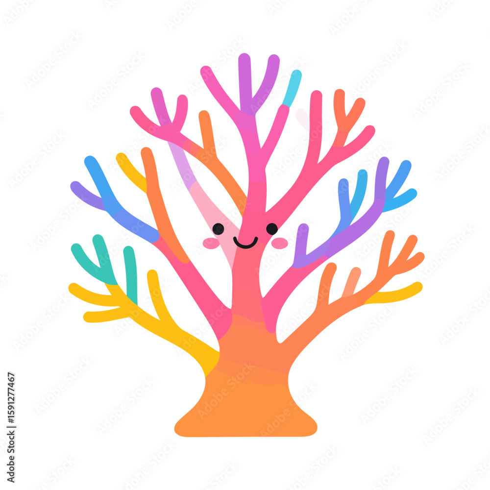 Obraz premium Cheerful Cartoon Coral with Colorful Branches and Smiling Face