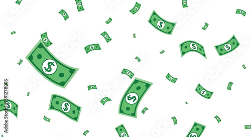 Illustration of falling money on a white background, symbolizing wealth, success, and financial abundance with green dollar bills.