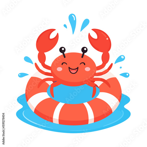 Cute red cartoon crab with rosy cheeks happily floating in a striped lifebuoy, splashing water.