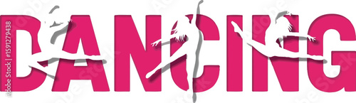 Dancing showcased in a creative design featuring elegant dancer silhouettes and vibrant pink lettering against a clean white backdrop.