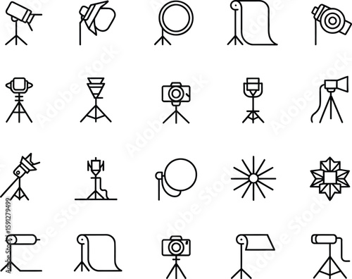 Simple Line Art Icon Set Featuring Photography Studio Equipment on Transparent Background