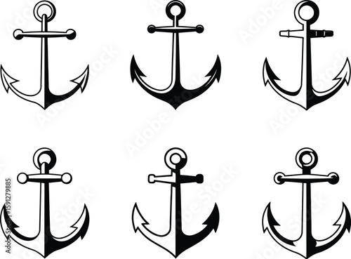 Six black anchor silhouettes with varying fluke designs isolated on white
