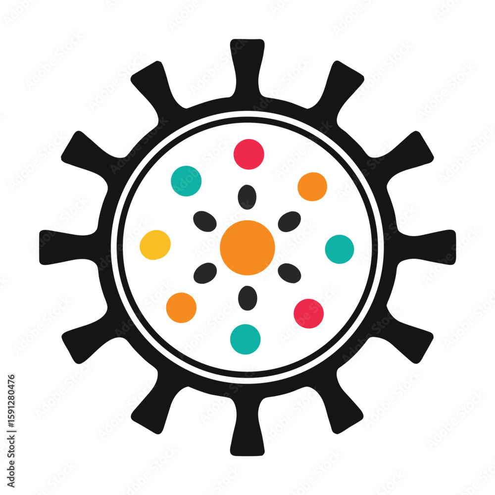 Obraz premium Black gear wheel with colorful dots and abstract shapes on white background mechanical industry