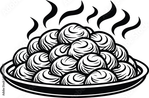 Illustration of a steaming pile of meatballs in a bowl