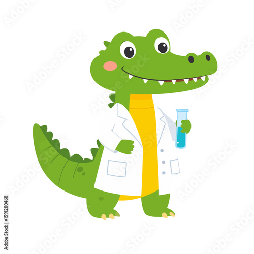 Friendly cartoon alligator scientist in a white lab coat holding a blue test tube.
