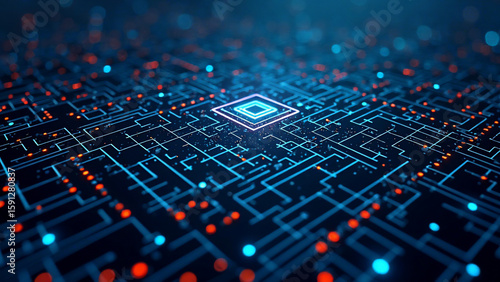 Top-down view of a futuristic maze-shaped circuit board with glowing lines, visualizing the logic behind crypto mining, encryption, and blockchain processes in an abstract technology-inspired design