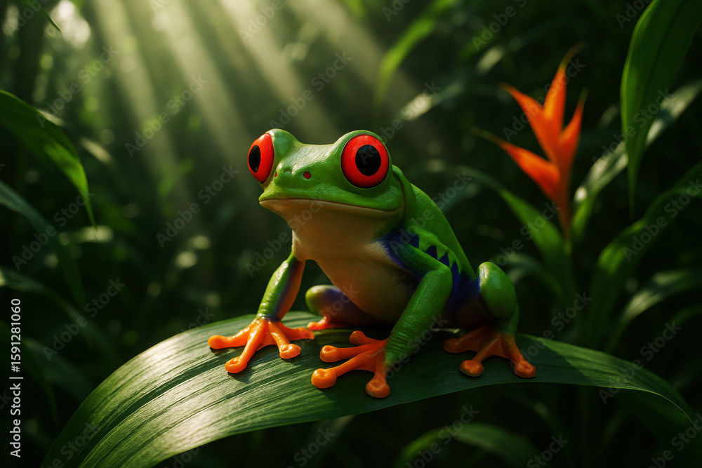 Obraz premium Green frog with red eyes on leaf orange feet