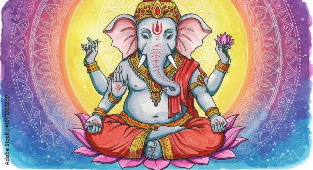 Obraz premium Elephant-Headed Humanoid in Meditative Pose on Lotus Pedestal – Intricate Jewelry, Mandala Background, Glowing Aura, Colorful Fantasy Spiritual Concept Art, Highly Detailed and Symmetrical