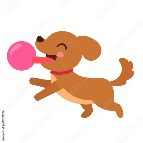 Playful brown cartoon dog with a red collar happily blowing a pink bubble gum while running.