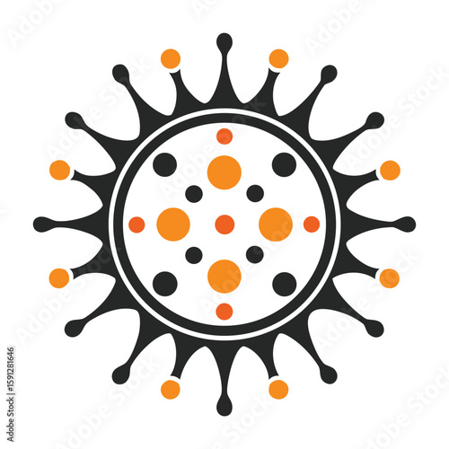 Stylized black and orange virus particle with spikes and dots microscopic biology