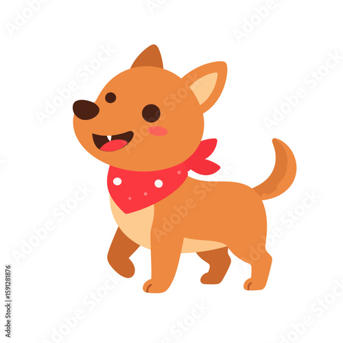 Charming cartoon Shiba Inu style dog walking happily with a red polka dot bandana.