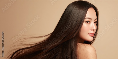 Elegant woman with flowing hair embodying elegance and poise against a soft, neutral background