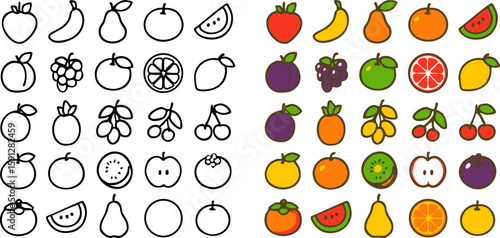 A diverse set of fruit icons presented in both black outline and colorful flat styles.