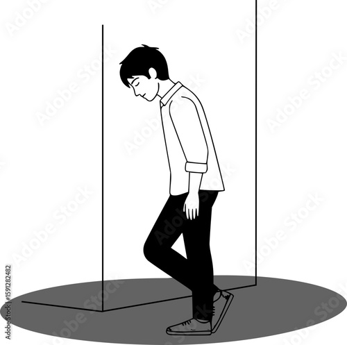 This is a metaphor for a creative crisis and a dead end. The figure of a person with their forehead against a wall symbolizes hopelessness and the inability to find a way out of a difficult situation.