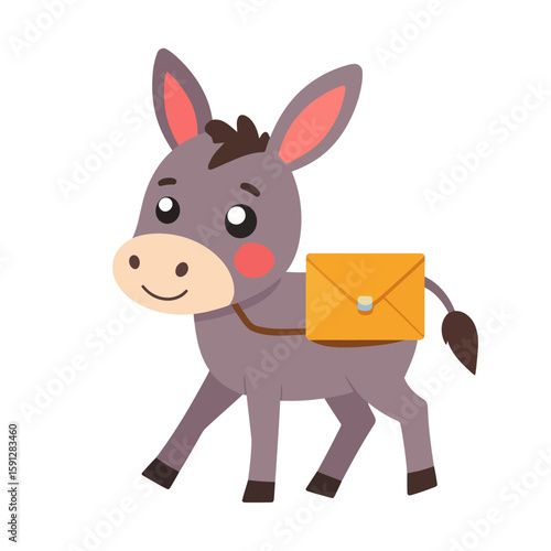 Cute cartoon donkey mail carrier with a yellow letter on its back, walking and smiling.