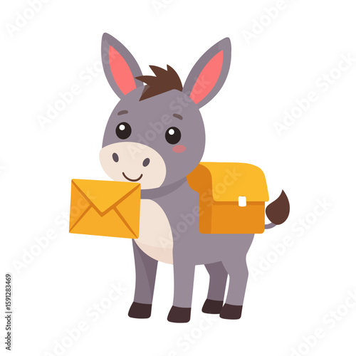 Cute gray cartoon donkey postman holding a yellow envelope, wearing a mailbag.
