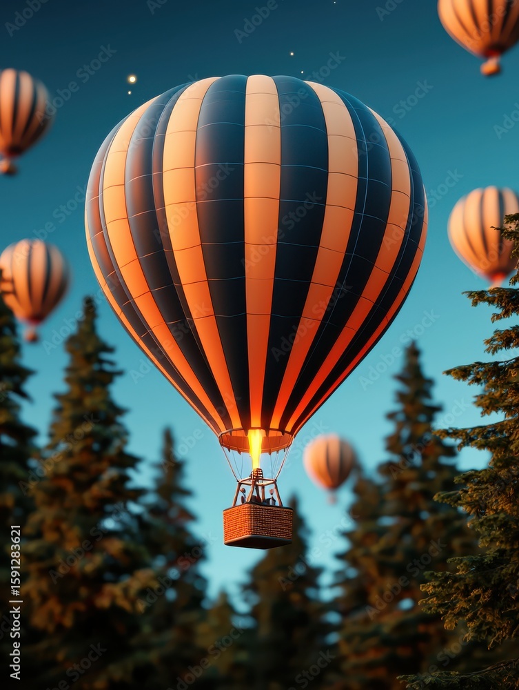 Obraz premium Colorful hot air balloons soaring over a lush forest landscape.
