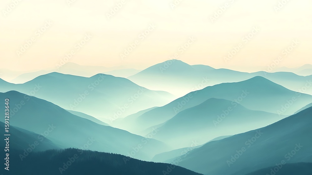 Obraz premium Scenic Mountain Range Layers with Foggy Landscape in Soft Hues