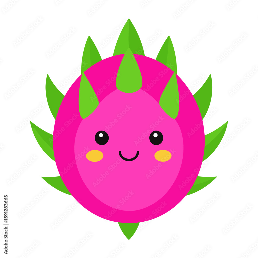 Obraz premium Cute kawaii dragon fruit character with a happy smiling face and green spiky leaves.