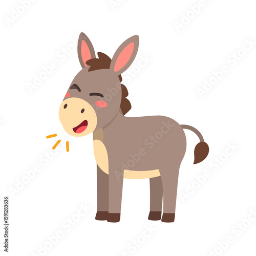 Adorable gray cartoon donkey braying happily with closed eyes and a cheerful expression.