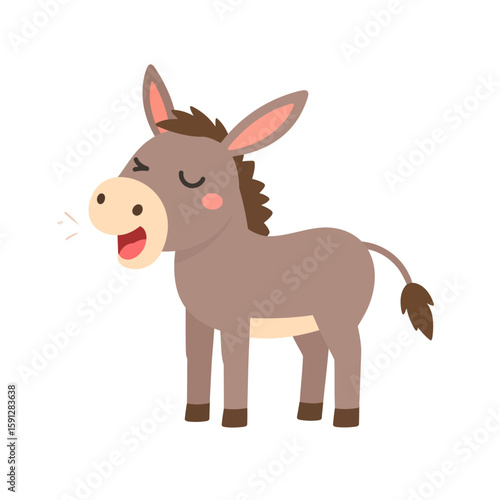 Charming brown cartoon donkey with a happy winking expression, standing and braying loudly.